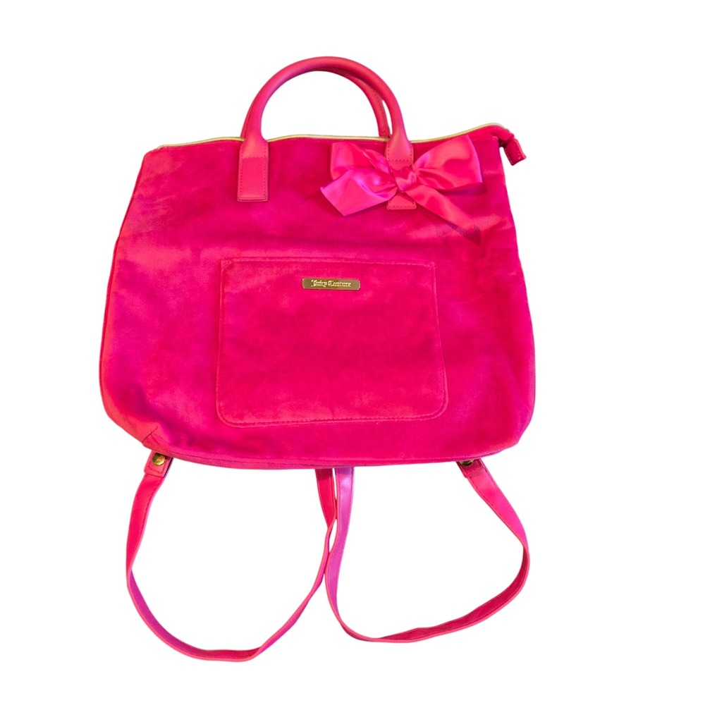 Juicy Couture Hot Pink Velour Bow Backpack Tote Bag Gold Logo Y2K Style